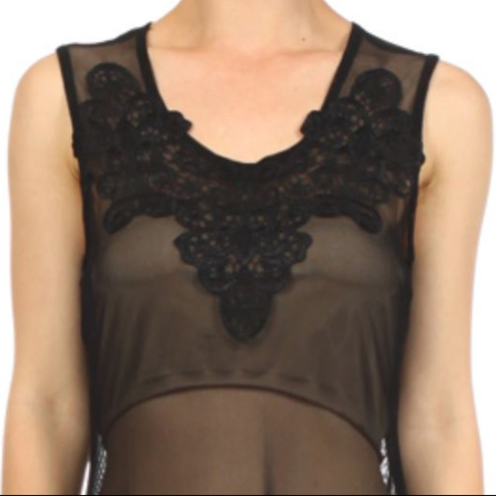 Black Embroidered mesh Tank Top with scalloped hem - Picture 7 of 8
